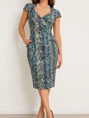 JAX Chevron Print Sheath Dress Teal Black Cap Sleeve Size 6